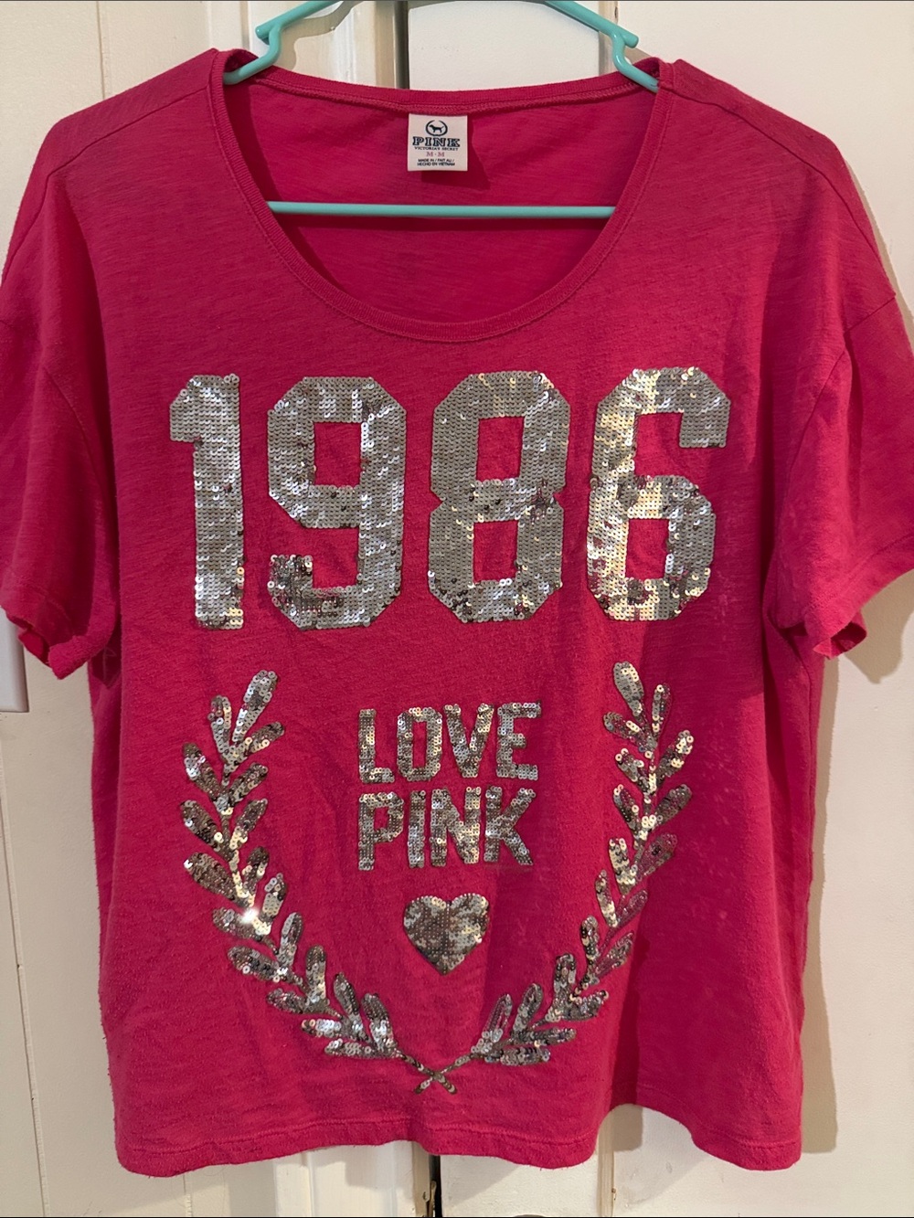 PINK Victoria's Secret Hot Pink Sequin '1986 LOVE PINK' Tee